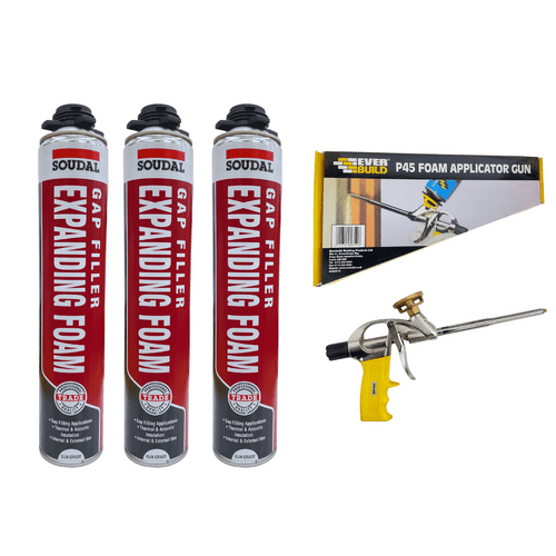 Soudal Gun Grade Expanding Foam 750ml X 3 with Everbuild P45 Metal Applicator Gun